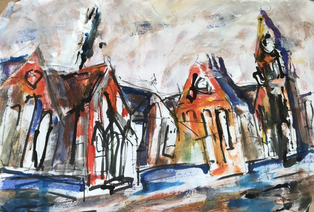 Sketch of Burton Town Hall by Steph Trethowan for sale 