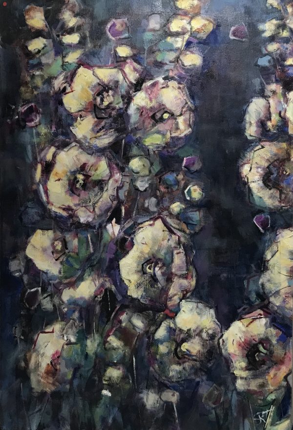 Contemporary Art oil painting of hollyhocks for sale